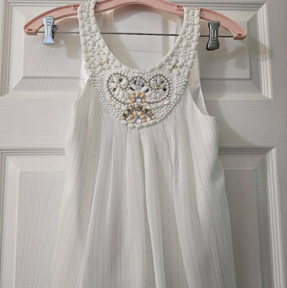 ECI White & Silver Beaded Silk Dress Top 0